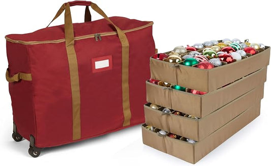 Covermates Keepsakes Rolling Adjustable Ornament Storage Bag – Heavy-Duty Polyester, FlexGrid Trays & Padded Dividers – Protective Holiday Organizer with Wheels, Handles & ID Window, Red by Covermates