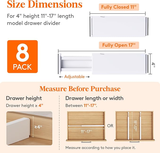Lifewit 4" High Upgrade Drawer Divider, Adjustable Drawer Organizer Clothes | 8 Pack 11"-17" Expandable White Plastic Drawer Separator for Dresser, Kitchen, Closet, Nursery, Office Organization & Storage - Image 2