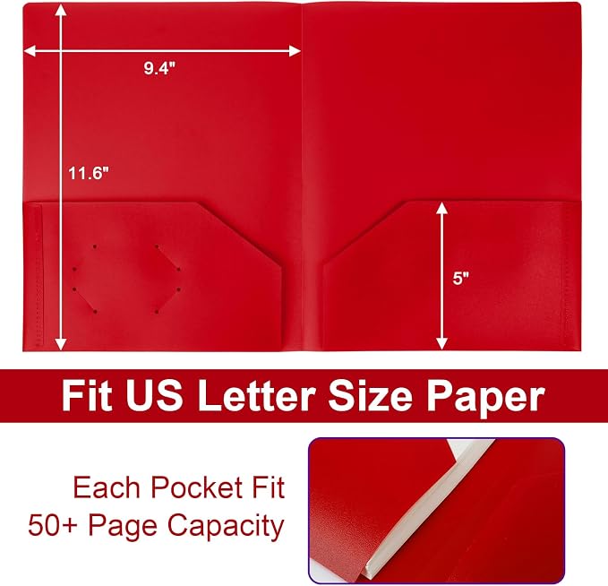 6-Pack Plastic Folders with Pockets,2-Pocket Poly Folders Holds 8-1/2" x 11" Paper for School/Office/Home, Red - Image 4