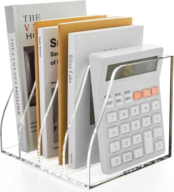 Clear Acrylic Magazine File Holder, 4 Compartment Desk Organizer | 4 spacious vertical compartments hold magazines, files, books & more. 5mm thick clear acrylic, non-slip base. No assembly. by Unknown