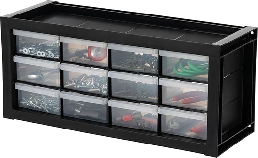 IRIS USA 12-Drawer Desk Storage Organizer, Charms, Water Packets, Black | Wall mountable, Stackable, Craft Supplies, Building Bricks, Crayons, Beads Organizer by IRISUSA