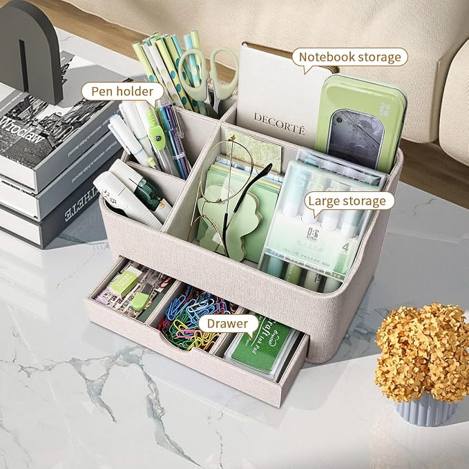 PU Leather Desk Organizer with Drawer, 5 Compartments Desktop Storage Caddy for Office & Home Supplies, Pen Holder for Remote Control, Phone & Accessories, Mail Organizer Countertop(Beige) - Image 5