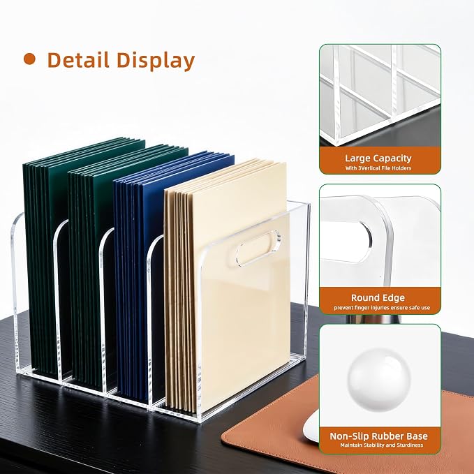5mm Acrylic Magazine File Holder, 4 Compartment Desk Organizer | 4 spacious vertical compartments hold magazines, files, books & more. 5mm thick clear acrylic, non-slip base. No assembly. - Image 4