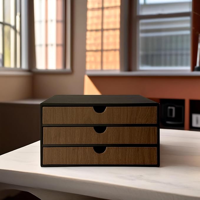 UnionBasic Document Organizer, 3-Drawer File Cabinet Document Storage Box, Office Desktop Filing Organizer, Black with Wood Grain Drawers - Image 8