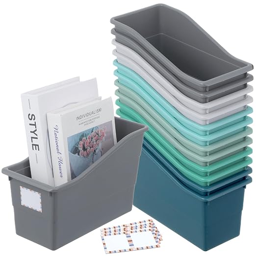 gisgfim 12 Pack Large Book Bins with Labels (Modern) | Durable Plastic,Stackable Magazine Organizer,Storage Bins for Classroom,Library,Office,Bookshelf Categorization by gisgfim