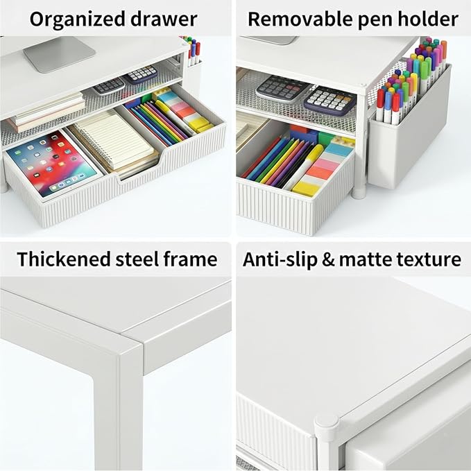 ECOLOVI Desk Organizer and Accessories, 2-Tier Computer Monitor Stand Rise with Storage Drawer & 2 Pen Holders, Laptop & Printer Stand for Desktop, Workspace Organizers for Office Supplies (White) - Image 3