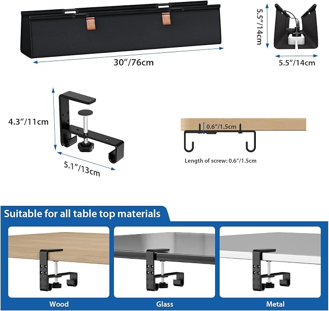 Zilink No Drill Under Desk Cable Management Tray 30" Cord Organizer for Table Clamp/Screw Mount Desk Cable Management Sturdy Waterproof Fabric Cord Hiders for Office, Home - Image 5