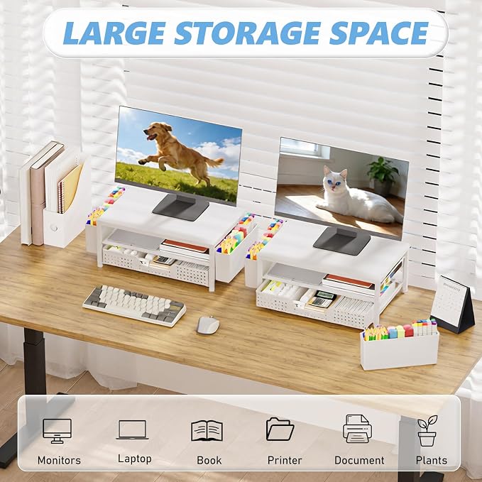 Desk Organizers and Accessories, Computer Monitor Stand Riser with Drawer and 2 Pen Holders, Printer & Laptop Stand, Office Desk Accessories & Workspace Organizers for Home Office Supplies, White - Image 5