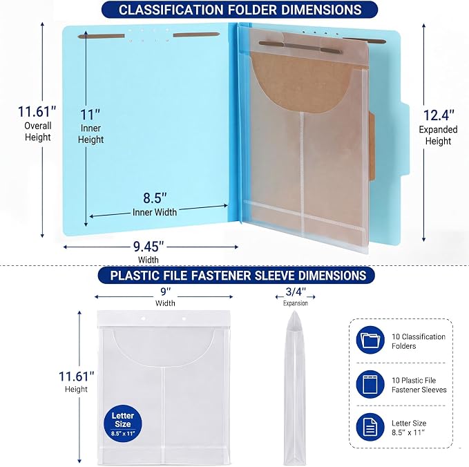 Tinlade 20 Pcs Classification Folder Set Includes 10 Blue Classification Folders with 1 Divider 2" Expansion and 10 Clear Poly File Jackets Letter Size 2 Prong Fasteners for Law Client Medical Files - Image 2