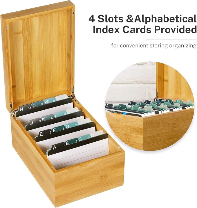 MaxGear Bamboo Business Card Organizer for 4" x 6" Cards | Index Card Holder for Desk, Index Cards Box with A-Z Tabs, Holds 600 Cards, Desktop Organizers for Home, Office - Image 2