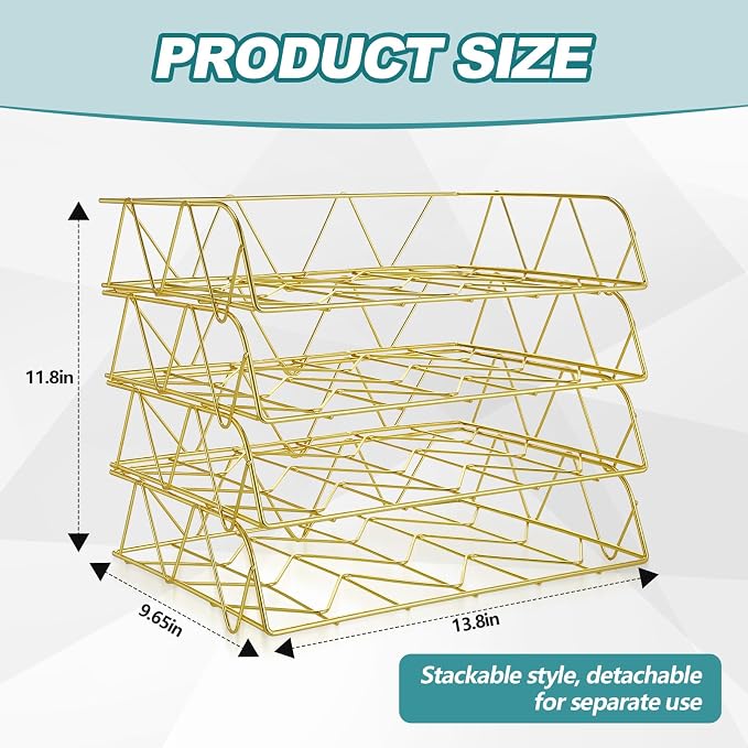 Yeaqee 4 Tier Stackable Gold Desk Organizer Paper Tray Rack Metal Letter Desk File Organizer Horizontal Holder File Trays for Office Desktop Supplies and Accessories - Image 2