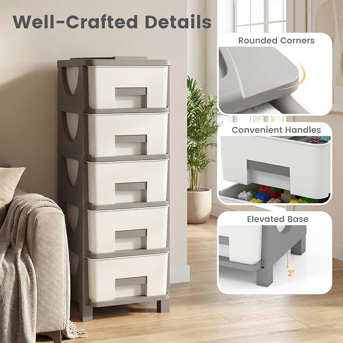 Giantex 5-Drawer Storage Organizer, Plastic Storage Tower with Drawers, Multi-Purpose Container Box for Office, Bathroom Living Room, White+Grey - Image 7