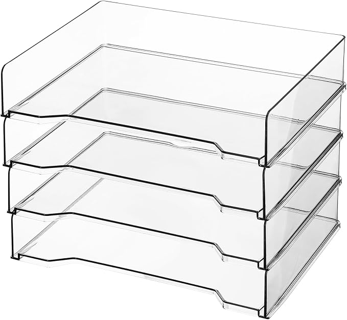 DoubleFill 4 Pcs Stackable Letter Tray Rectangular Plastic Desk Organizer 13 x 9.5 x 2.6 in Paper Holder File Tray Accessories Rack for Desktop Office Desk Drawers (Clear) by DoubleFill