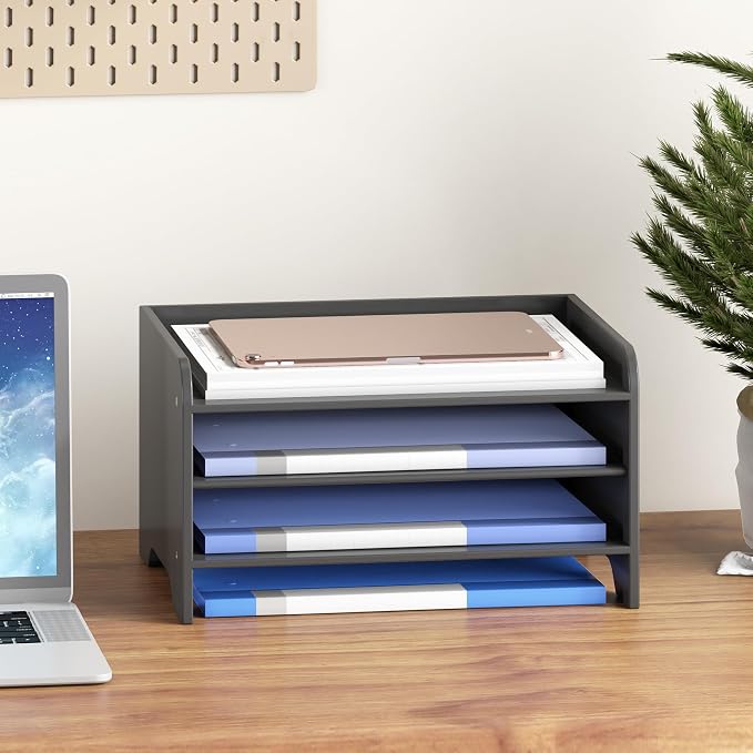 Bamboo File Organizer for Desk, Paper Tray with Pen Holder | Open tiers and a pen holder sort Letter/A4 paper, folders and office supplies while keeping your workspace clutter-free - Image 2