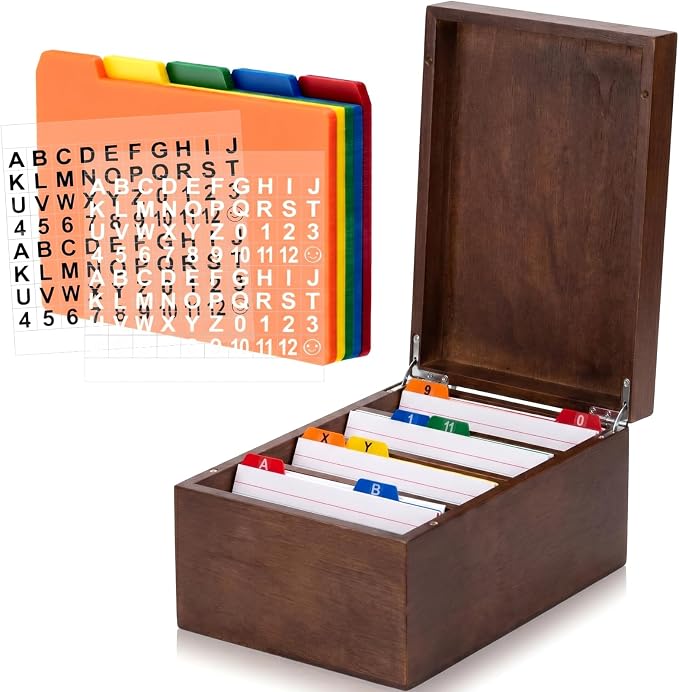 4 x 6 Inch Index Card Holder Set, Bamboo Index Cards Organizer, 50 Pcs Dividers 2 Sheets Alphabet Number Stickers File Note Holders for Office Business Classroom, Brown by Henoyso