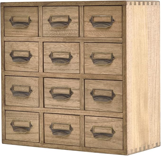 KIRIGEN Wooden Storage Cabinet, 12-Drawer Desktop Organizer, Brown 12CG-DBR | 12 Mini Drawers with Metal Label Holder Pulls for Cards, Crafts, Tea Bags, Jewelry, Office Supplies, and Small Parts by KIRIGEN