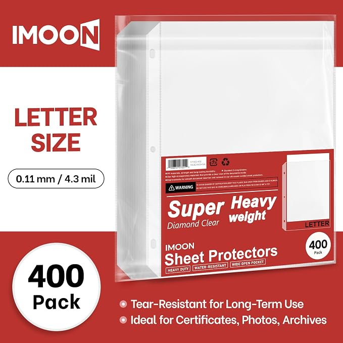 Super Heavyweight 3-Hole Letter Size Sheet Protectors - High Transparency Plastic Heavy Duty Sleeves for 3 Ring Binders, Archival Safe, Durable Page Protectors for Documents, 8.5x11 Inch (400 Pack) - Image 2