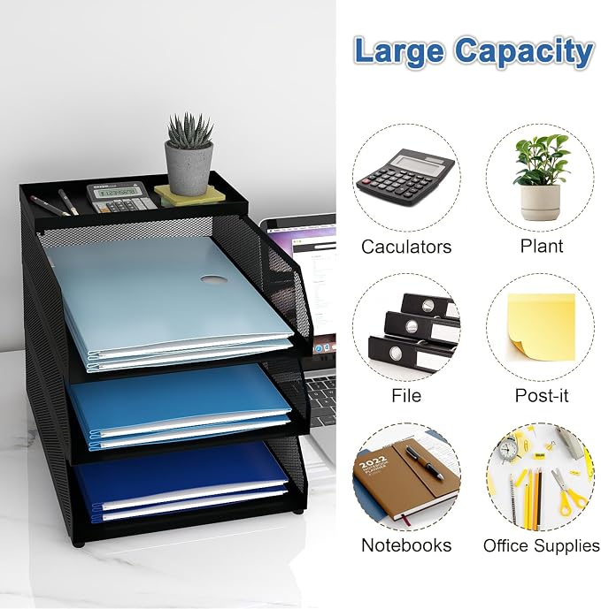 Natwind 3-Tier Stackable Metal Mesh Desk Paper Tray Organizer,Black | Letter Tray For Paper Storage,Desktop Accessories for Office Supplies,File Document Holder For Home School Classroom - Image 7