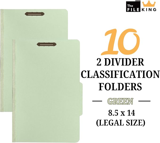 The File King Pressboard Classification Pale Green Partition File Folder | Legal Size - Box of 10 | Two Dividers | Six 2” Durable Fastener Prongs | 2/5 Cut Top Tab | 2” Expansion - Image 2