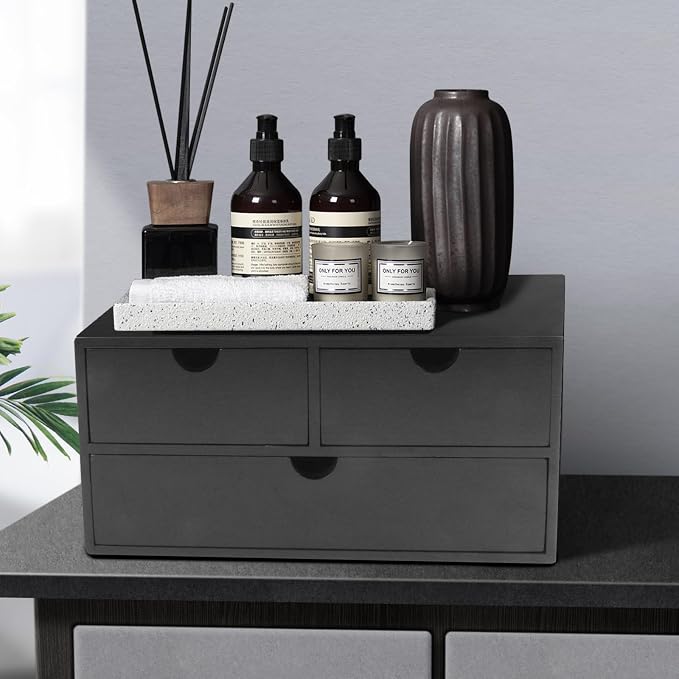 Charmewooden Bamboo Desk Organizer with 3 Drawers, Countertop Organizer with Drawers Makeup Storage Drawer 3 Drawer Tabletop Storage Organization Box Home Office Workspace（Black） - Image 2