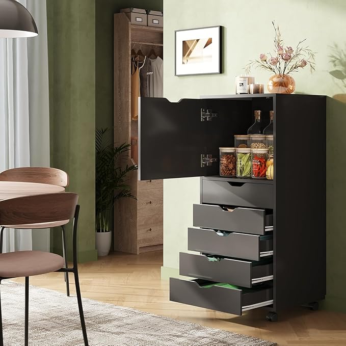 DEVAISE 5 Drawer Cabinet with 1 Door, Mobile Office File Cabinet, Black | Wood Rolling Cart, Filing Drawers, Craft Storage Drawer Cabinet, Printer Stand, Home Office - Image 2