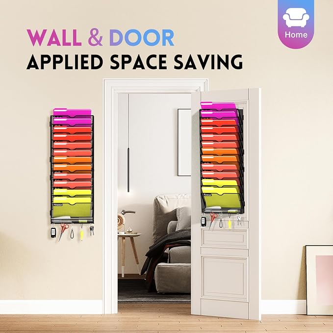 13-Tier Wall File Organizer with Base and Hooks, Hanging Organizer, Black | Wall Organizer and Wall File Holder with 13 Vertical Pockets and Bottom Tray for Files, Mail, Folders, Magazines and Paper - Image 5