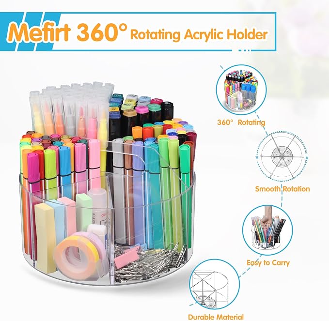 Mefirt Acrylic Pen Holder, 360 Degree Rotating Pen Organizer, Rotating Desk Acrylic Office Organizer with 6 Compartments, Marker Organizer for Kid, Crayon Caddy School Art Supply Storage Organizer - Image 3