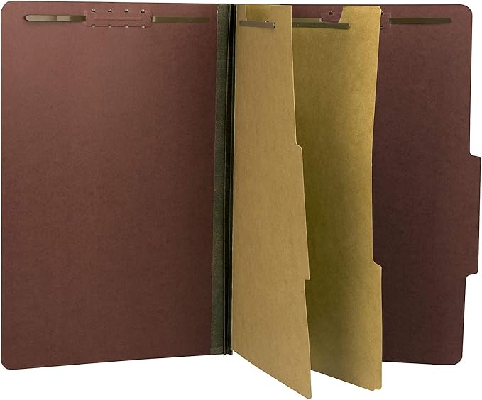 The File King Two Divider Legal Size Pressboard Classification File Folder - Brick Red | Made in America | Box of 10 | Top Tab | 2” Expansion | Durable 2-Inch Fastener Prongs by TheFileKing