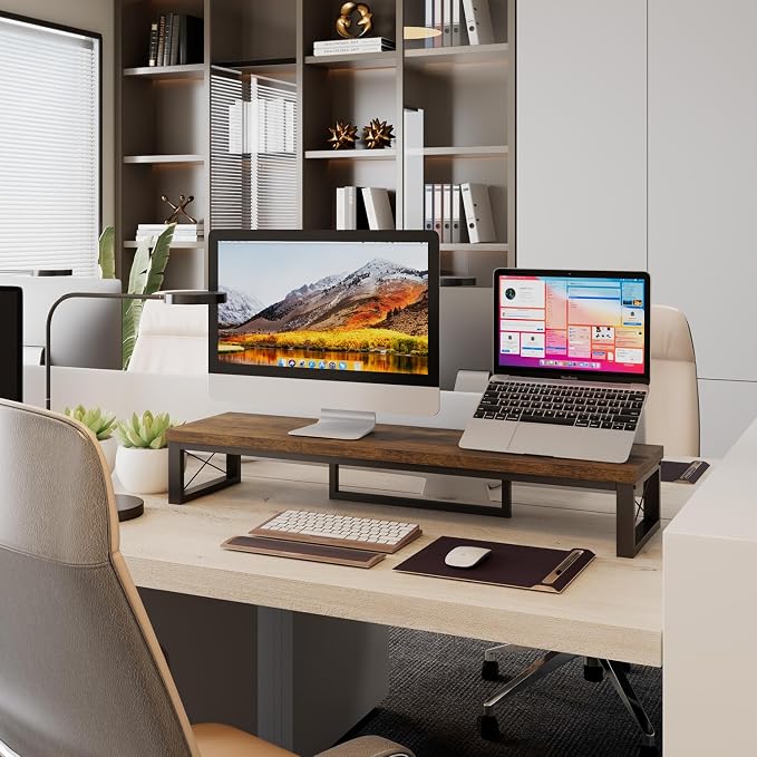 IBUYKE Large Dual Monitor Stand Riser for 2 Monitors, Wooden Desktop Computer Monitor Stand Storage Shelf and Steel Legs,Dual Screen Office Desk,Monitor Riser for Computer, Printer,Laptop,TV,Rustic Brown UTDJ002H - Image 5