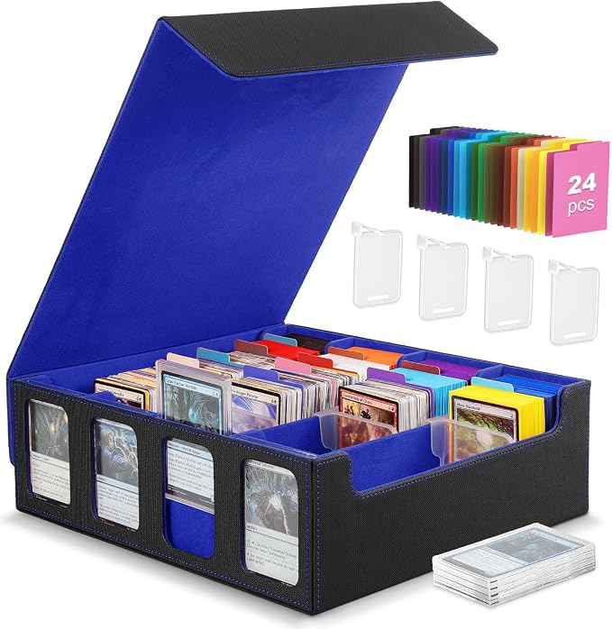 MoKo Card Storage Box for Trading Cards, 3000+ Card Capacity, Black Blue | MTG Deck Box, w/ 24 Colorful Dividers & 4 Card Supporters & Display Window, Deck Case Fits for TCG, PTG and Sport Cards by MoKo