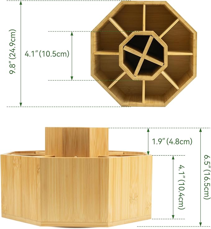 VaeFae 360° Rotating Bamboo Pen Holder Desk Art Supply Organizer | 9-12 Slots, Removable Divider, Octagonal Frame, Polished Surface, Space-Saving for Pens, Markers, Brushes & Beauty Supplies - Image 2