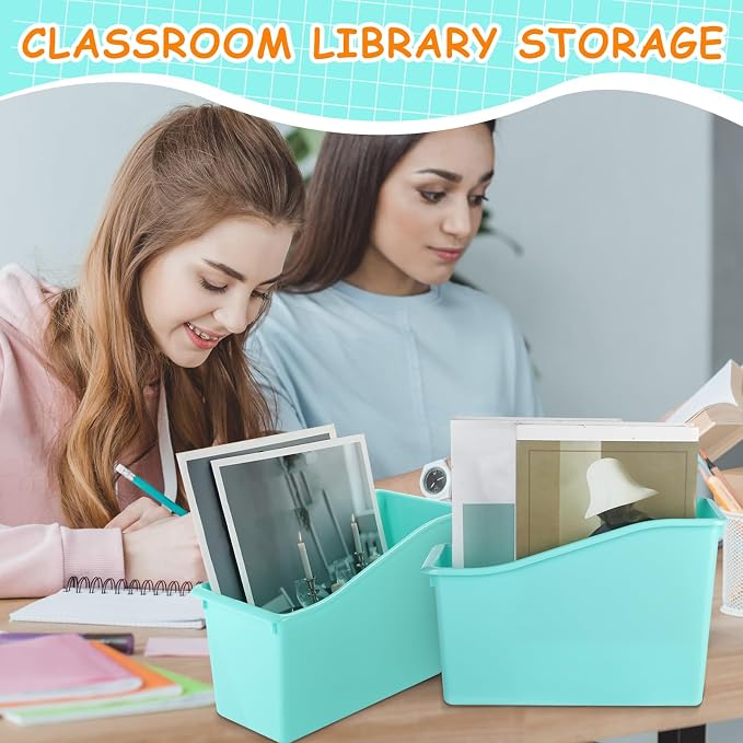 12 Pcs Book Bins for Classroom Plastic Binder Holder Magazine Stuff Folder File Organizer Box for Home Office School Supplies (Water Blue) - Image 7