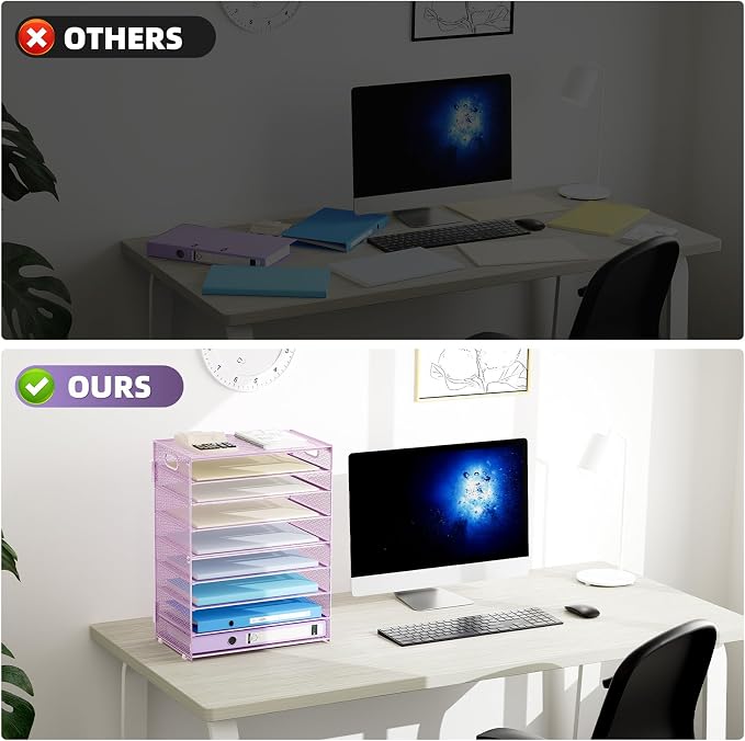 Marbrasse Paper Organizer Letter Tray, 9 Tier Mesh File Organizer with Handle, Paper Sorter Desk Organizer for Home Office Supplies - Purple - Image 4