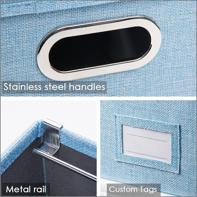 File Organizer Box - Set of 4 Collapsible Decorative Linen Filing Storage Hanging File Folders with Lids Office Cabinet Letter/Legal Size Blue 17.1x14x11.1 inch - Image 4