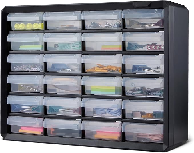 Amazon Basics 24-Drawer Plastic Storage Organizer with Dividers for Office/Craft/Tools, Wall Mountable, Sturdy, 6.3 x 21.3 x 15.8 inch, Black by AmazonBasics