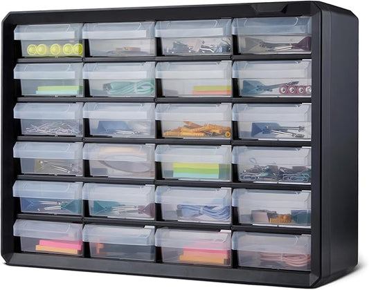Amazon Basics 24-Drawer Plastic Storage Organizer with Dividers for Office/Craft/Tools, Wall Mountable, Sturdy, 6.3 x 21.3 x 15.8 inch, Black by AmazonBasics