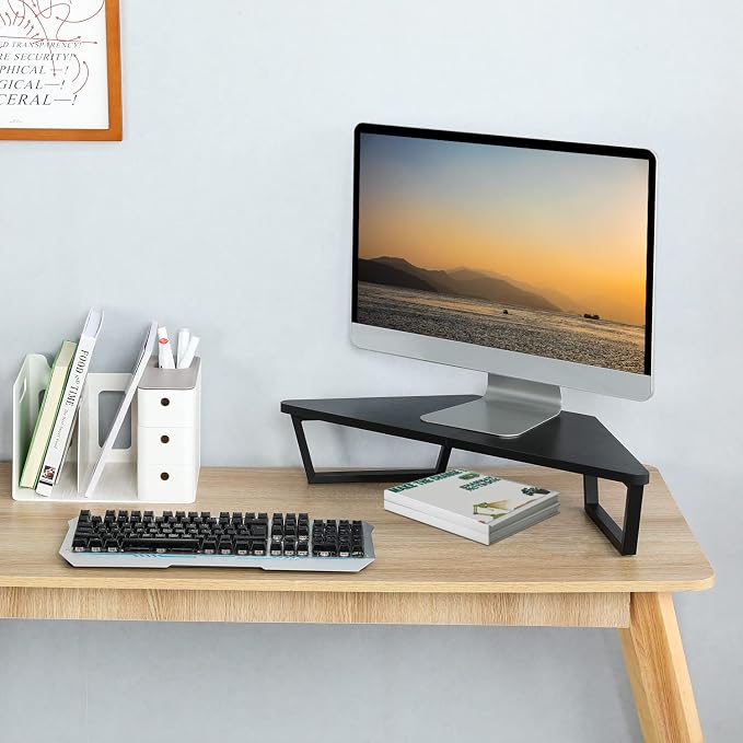TEAMIX 26 inch Corner Monitor Stand Riser with Keyboard Storage, Black | Triangle Monitor Stand, Wood & Metal Computer Stand, Laptop Riser, Desktop Organizer, for L Shaped Desk, Home Office & Gaming - Image 2
