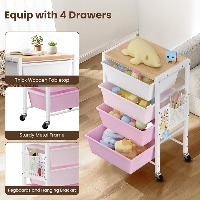 Rolling Cart with 4 Drawers, Plastic Drawer Storage Carts with Wheels & Wooden Tabletop, Metal Utility Cart with Pegboards, Office Living Room Classroom Craft Organization and Storage, Bright Pink - Image 5