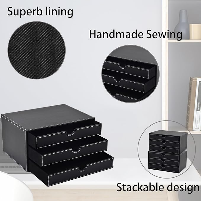 PU Leather Desk Organizer with 3 Drawers,Executive Office Supplies Desktop Filing A4 File Cabinet/Holder for Jewelry/Bill/Paper/Documents/Makeup Home Decor Stationery Storage Box,Black - Image 5