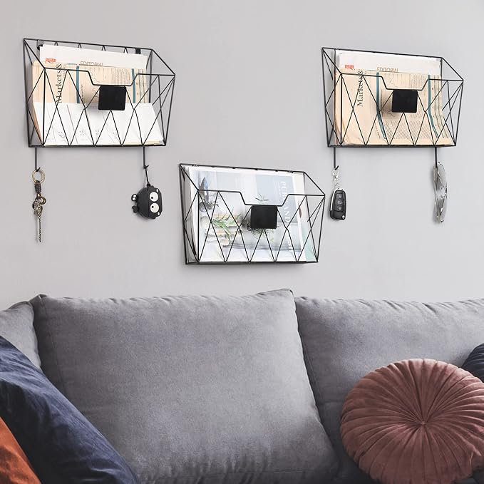 YBING Wall File Organizer, Hanging File Holder & Basket Set of 3, Black | Hanging File Rack with Hooks, Mail Organizer, Metal Wall Storage for Office Living Room School Classroom Home - Image 6