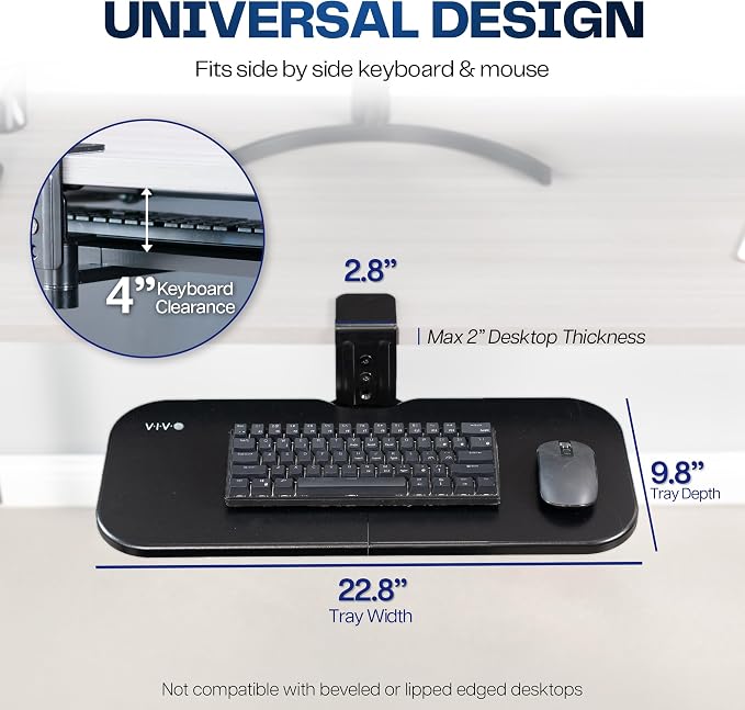VIVO Clamp-on 23 x 10 inch Rotating Computer Keyboard and Mouse Tray, Extra Sturdy Desk Swivel Clamp, Ergonomic Typing, Black, MOUNT-KB04CB - Image 3