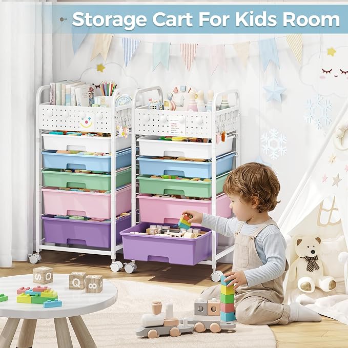 5 Drawer Rolling Storage Cart with Pegboard Top and Hooks, Ice Cream | Mobile Organizer Cart with Wheels for Office Supplies, Craft Storage, Classroom Organization, Home Utility Cart - Image 8