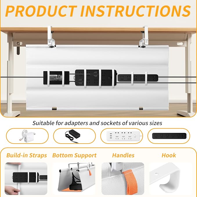 Under Desk Cable Management Tray No Drill,36Inch Cable Management,White | Clamp and Screw Mount Cable Management Tray, Extra Large Capacity Desk Cable Management, Fabric Wire Management for Office - Image 2