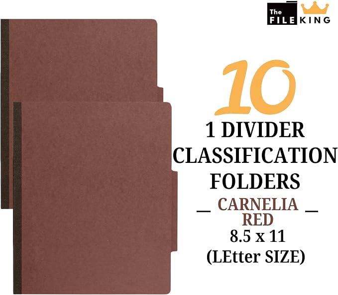 The File King One Divider Brick Red Pressboard Classification File Folder - Letter Size | Box of 10 | Top Tab | 2” Expansion | Four 2-Inch Durable Fastener Prongs | USA Made - Image 2