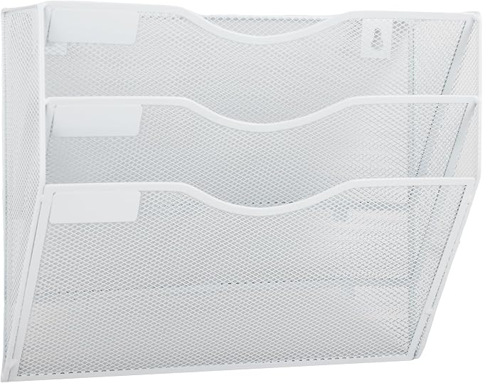 3 Pocket Mesh Hanging Wall File Organizer, Wall Mounted Mail Paper Document Folder Holder, Clipboard Storage Organization Magazine Rack with Nametag Label for Office Home School, White by EASEPRES