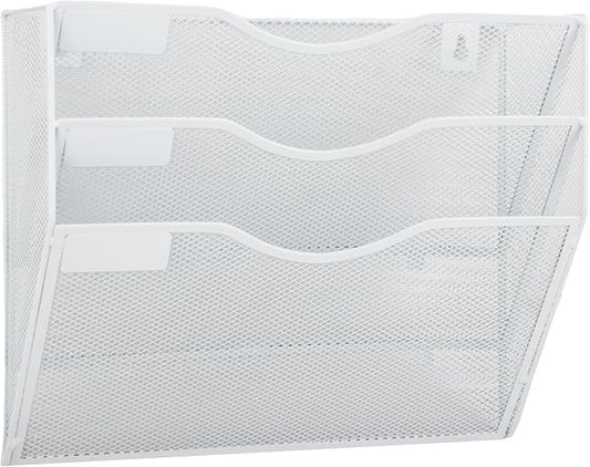 3 Pocket Mesh Hanging Wall File Organizer, Wall Mounted Mail Paper Document Folder Holder, Clipboard Storage Organization Magazine Rack with Nametag Label for Office Home School, White by EASEPRES