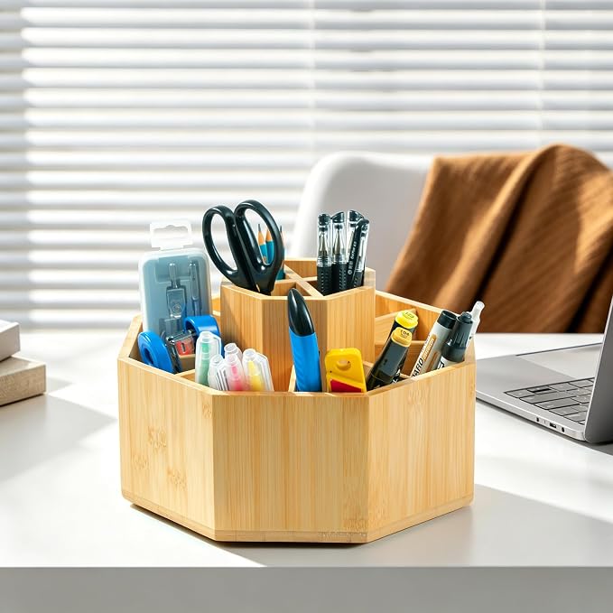 VaeFae 360° Rotating Bamboo Pen Holder Desk Art Supply Organizer | 9-12 Slots, Removable Divider, Octagonal Frame, Polished Surface, Space-Saving for Pens, Markers, Brushes & Beauty Supplies - Image 6