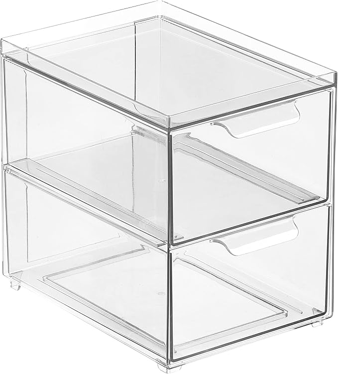 mDesign Stackable Storage Containers Box with 2 Pull-Out Drawers - Stacking Plastic Drawer Bins for Master or Guest Bathroom, Linen Closet, Vanity, Makeup Table Lumiere Collection 4 Pack, Clear - Image 5
