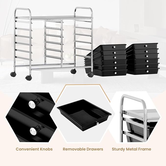 GOFLAME 12-Drawer Rolling Storage Cart, Multifunctional Art Craft Organizer Cart, Mobile Utility Storage Cart with Removable Drawers & Lockable Wheels, Craft Cart for Home Office School, Black - Image 6