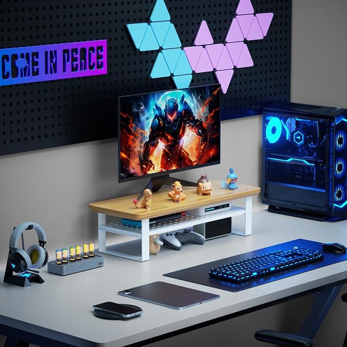 Monitor Stand Riser, 24 Inch Computer Monitor Stand for Desk, 2-Tier Wood Desk Shelf Organizer with Storage, Desktop Stand for Laptop/Screen/PC/Printer, Ergonomic Home Office Monitor Stand - Image 8